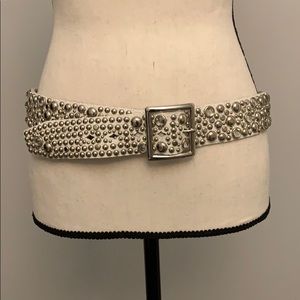 Nailhead and crystal white leather belt